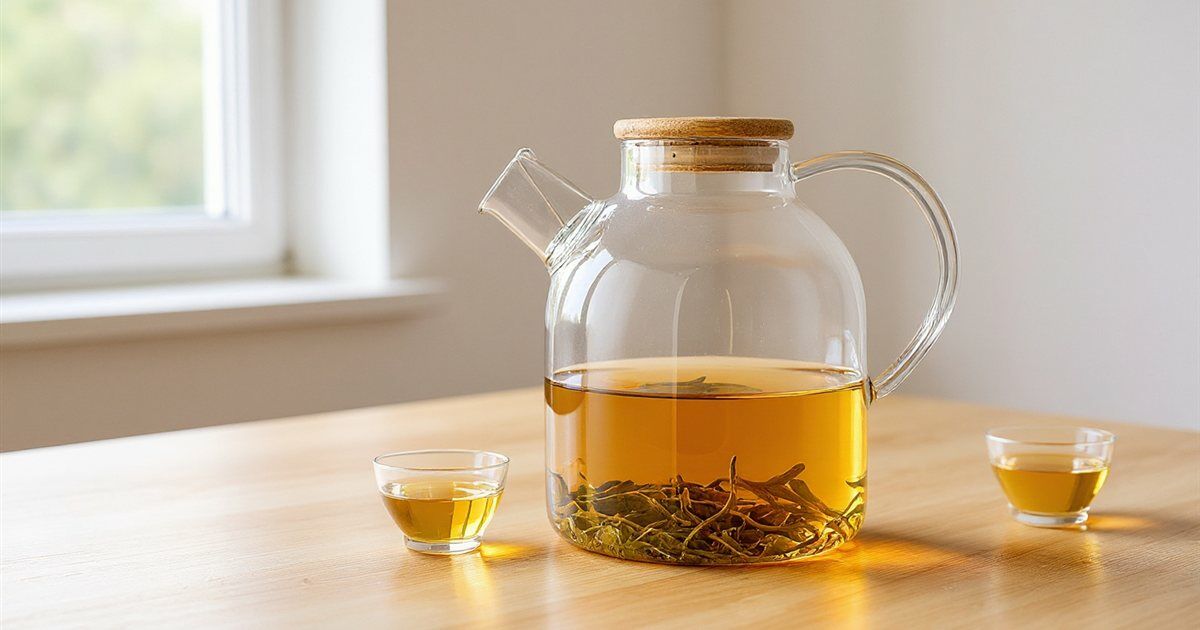 A clear glass teapot of amber oolong tea with unfurled leaves in the infuser, next to two small glass cups
